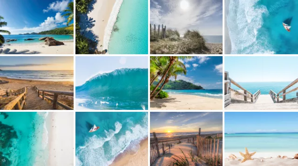 12 beelden van het strand en de zee om op een placemat te printen