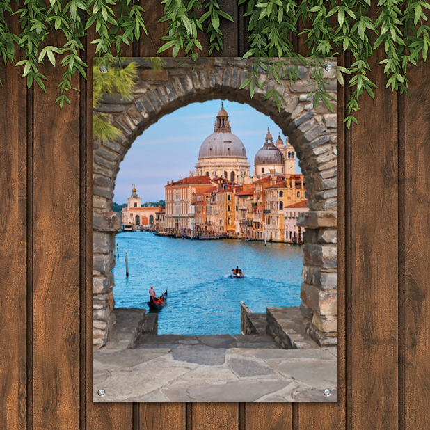 Een tuinposter doorkijk met foto van Venetië