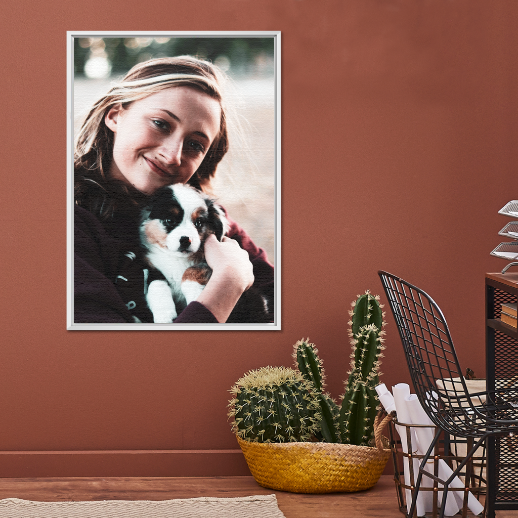 Witte baklijst met foto van een vrouw met puppy