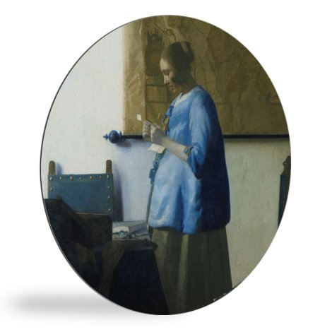 Brieflezende vrouw in het blauw - Schilderij van Johannes Vermeer wandcirkel 