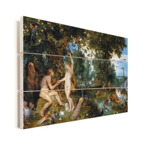 Het aardse paradijs met de zondeval van Adam en Eva - Schilderij van Peter Paul Rubens Vurenhout met planken