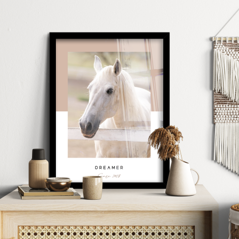 Poster met lijst van een wit paard met de naam