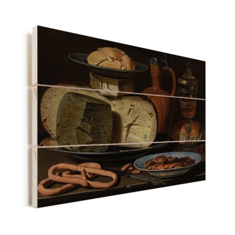 Stilleven met kazen amandelen en krakelingen - Schilderij van Clara Peeters Vurenhout met planken