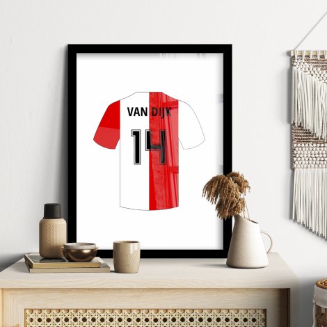 Poster van een rood-wit shirt met naam en rugnummer 