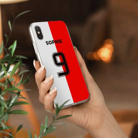 Rood-wit telefoonhoesje met naam en rugnummer