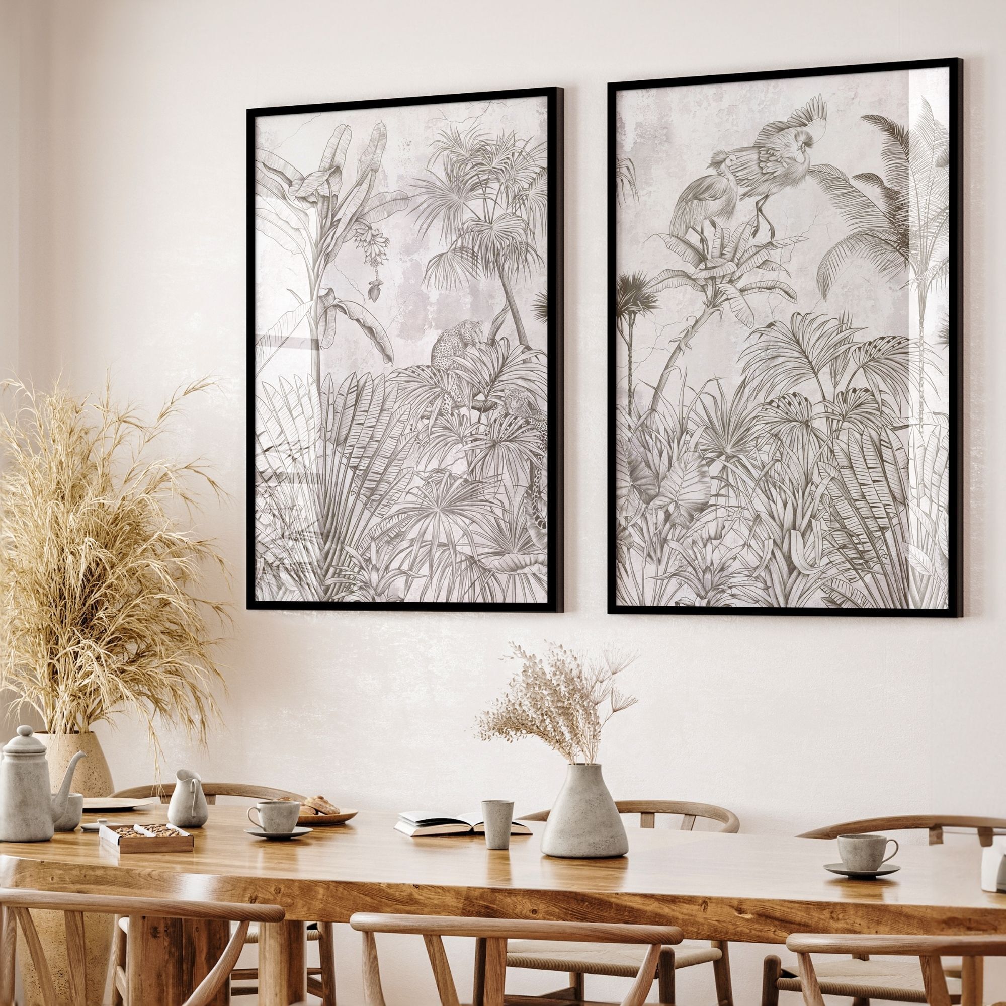 Fotowand grijze jungle aan een muur boven een tafel