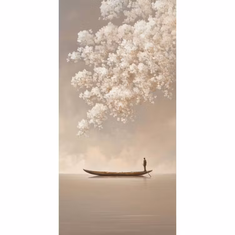 Behang - Bloesems - Wit - Boot - Minimalistisch — 2