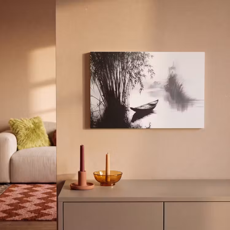 Canvas schilderij - Boot - Rivier - Bamboe - Wit — 1