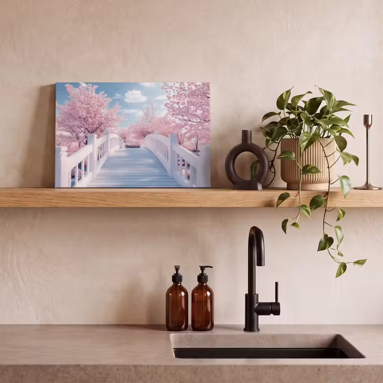 Canvas schilderij - Brug - Kersenbomen - Wit — 2