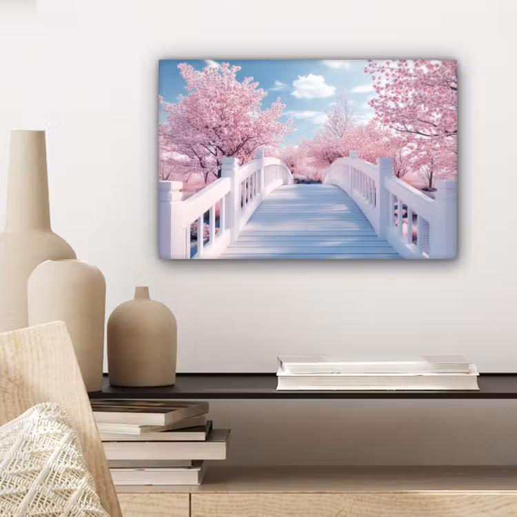 Canvas schilderij - Brug - Kersenbomen - Wit — 4