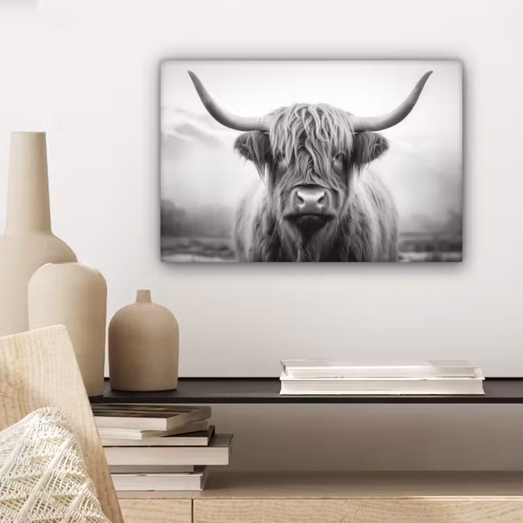 Canvas schilderij - Schotse hooglander - Mist - Zwart - Wit — 4