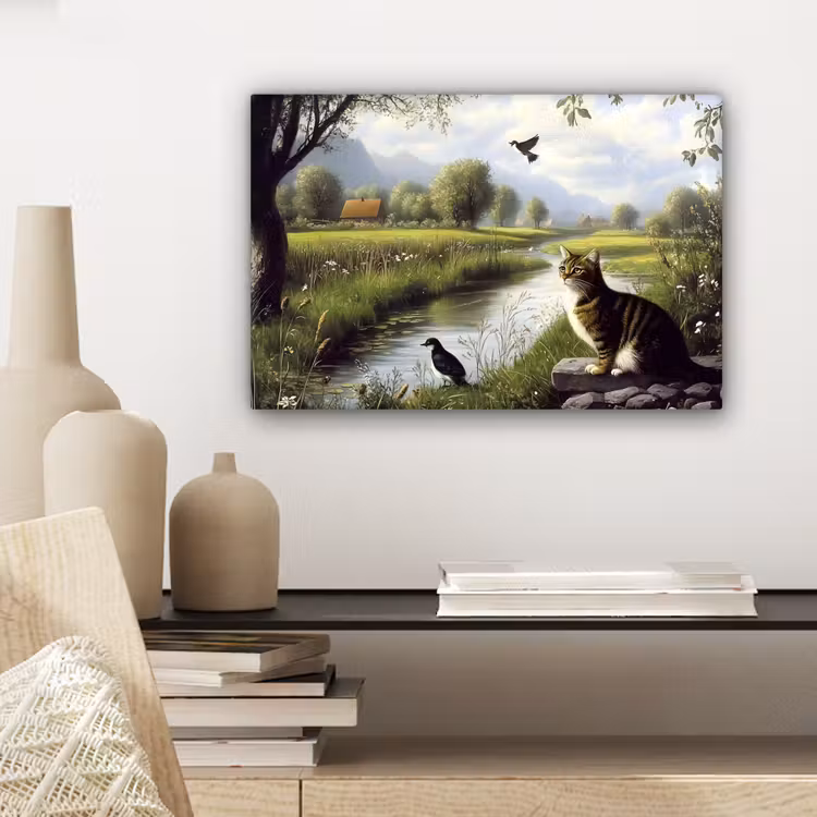 Canvas schilderij - Kat - Beekje - Weide — 4