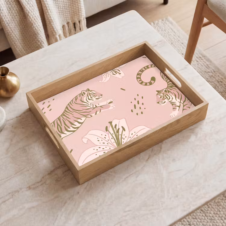 Dienblad - Kat - Springend - Bloemen - Abstract - Roze — 2