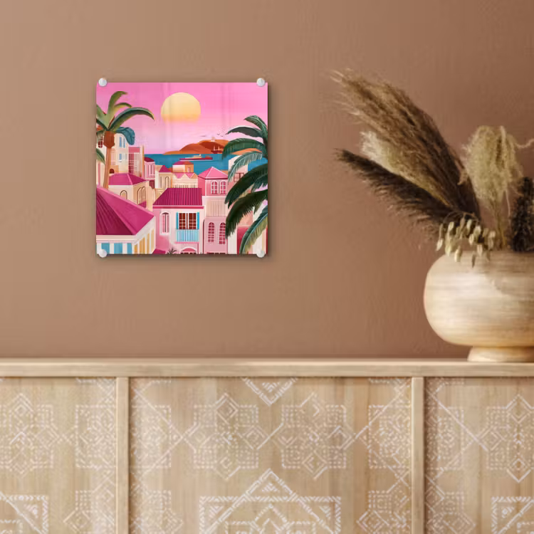 Glas schilderij - Stad - Roze - Palmbomen — 6