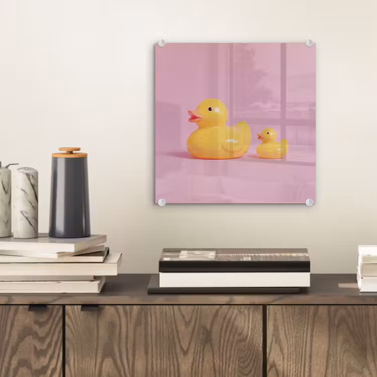 Glas schilderij - Eendjes - Vrolijk - Roze — 2
