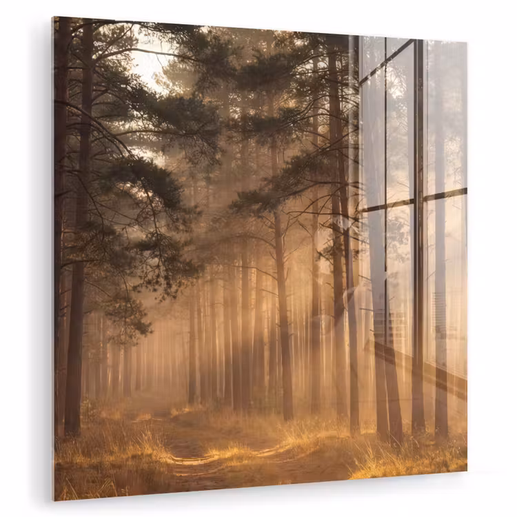 Glas schilderij - Bos - Mist - Zonlicht — 1