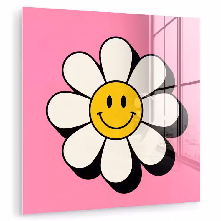 Glas schilderij - Smiley - Bloem - Roze — 1