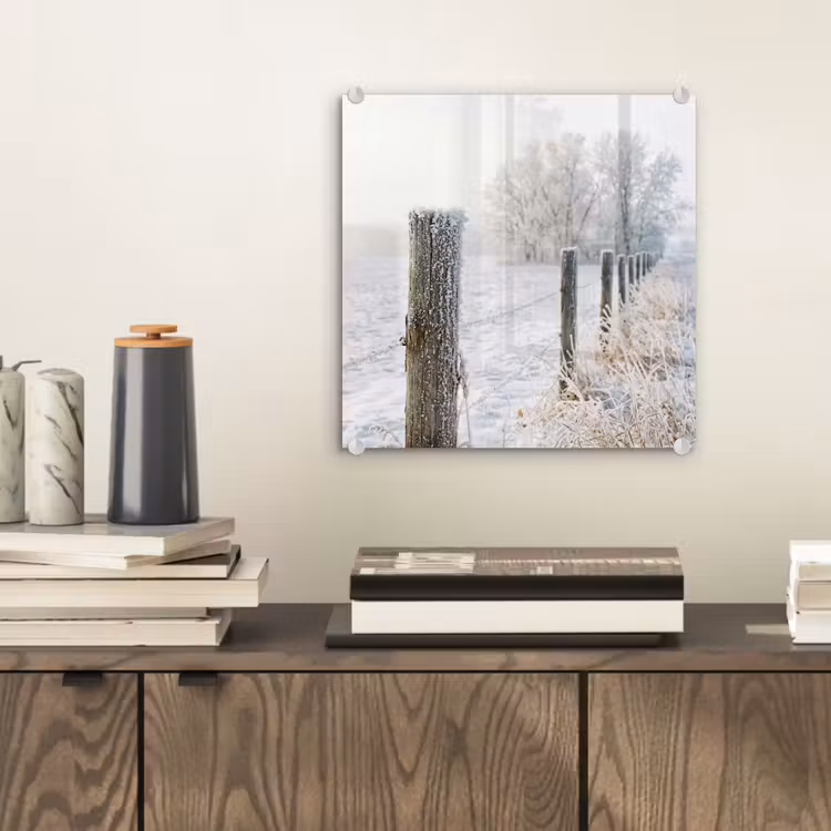 Glas schilderij - Hek - Sneeuw - Mist - Platteland - Nostalgisch — 2