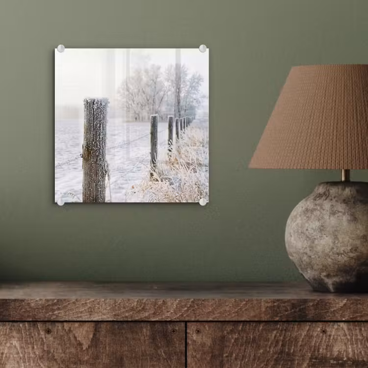 Glas schilderij - Hek - Sneeuw - Mist - Platteland - Nostalgisch — 4
