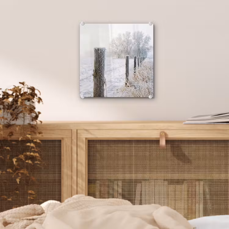 Glas schilderij - Hek - Sneeuw - Mist - Platteland - Nostalgisch — 5