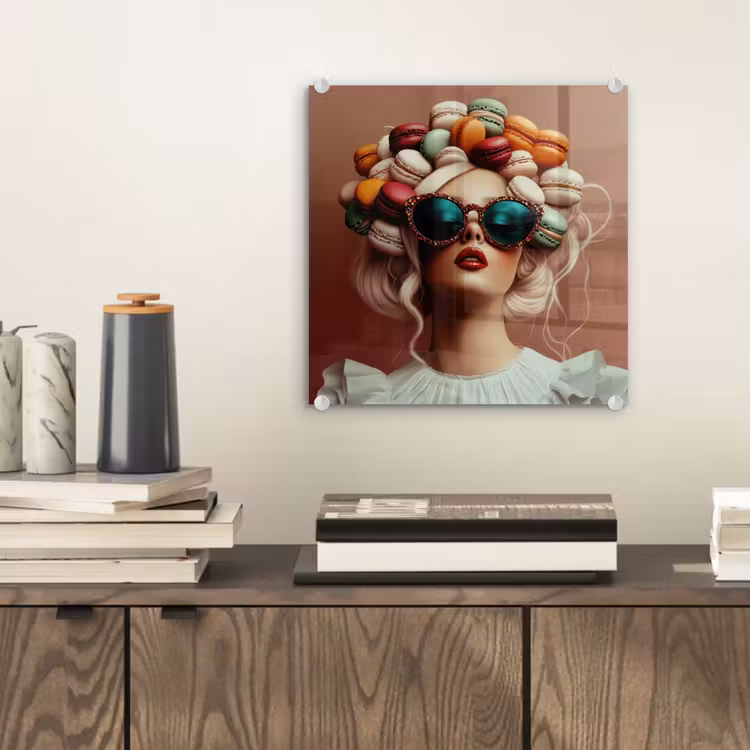 Glas schilderij - Vrouw - Macarons - Bril — 2