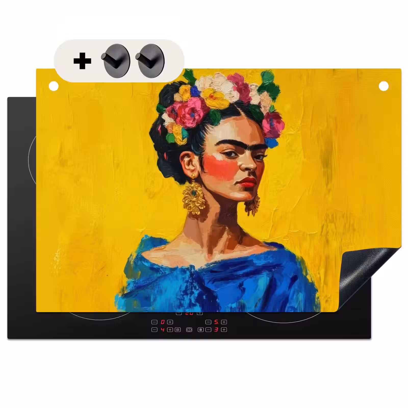 Inductie beschermer en spatscherm (2in1) - Frida Kahlo - Vrouw - Geel - Blauw - Bloemen — 1