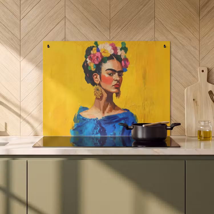 Inductie beschermer en spatscherm (2in1) - Frida Kahlo - Vrouw - Geel - Blauw - Bloemen — 2