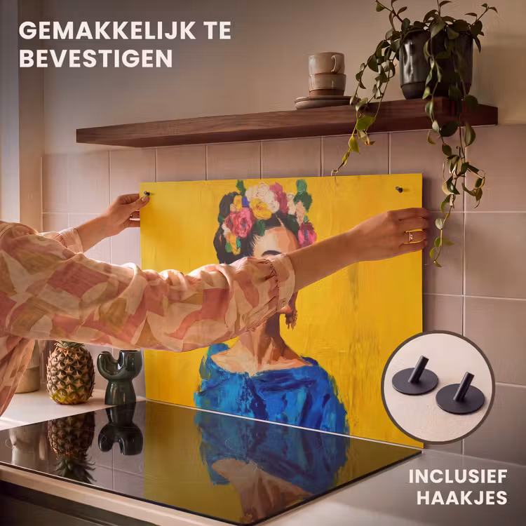 Inductie beschermer en spatscherm (2in1) - Frida Kahlo - Vrouw - Geel - Blauw - Bloemen — 7