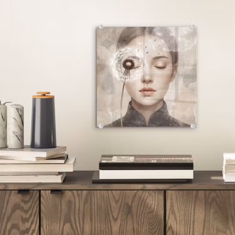 Glas schilderij - Vrouw - Sereen - Grijs — 2