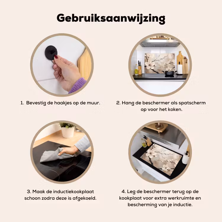 Inductie beschermer en spatscherm (2in1) - Bloesem - Takken - Schilderij - Beige - Serene — 6