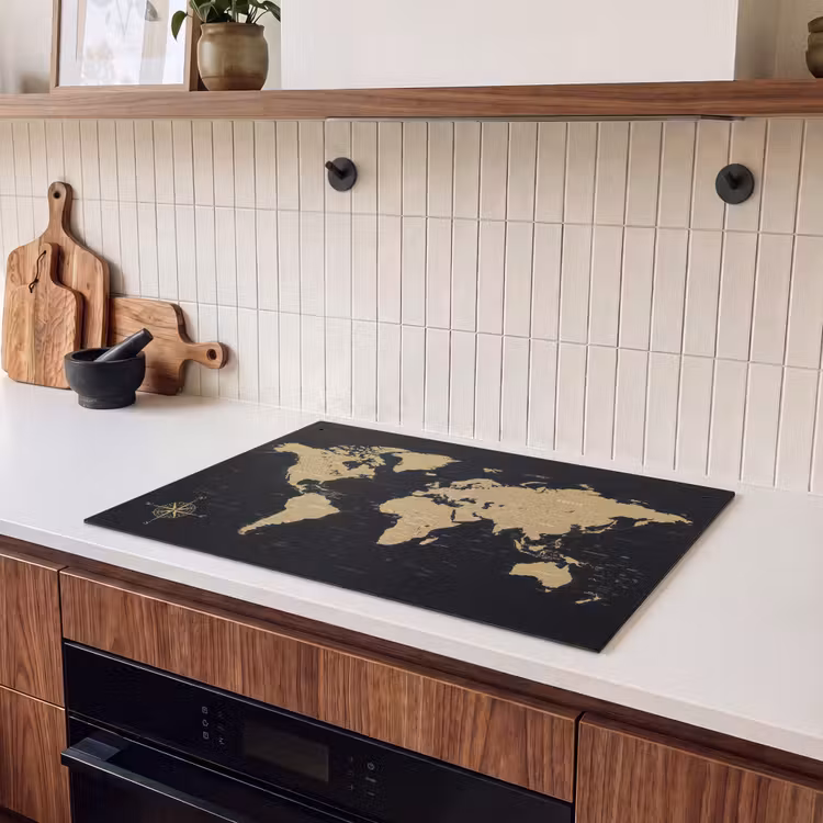 Inductie beschermer en spatscherm (2in1) - Wereldkaart - Beige - Zwart — 3