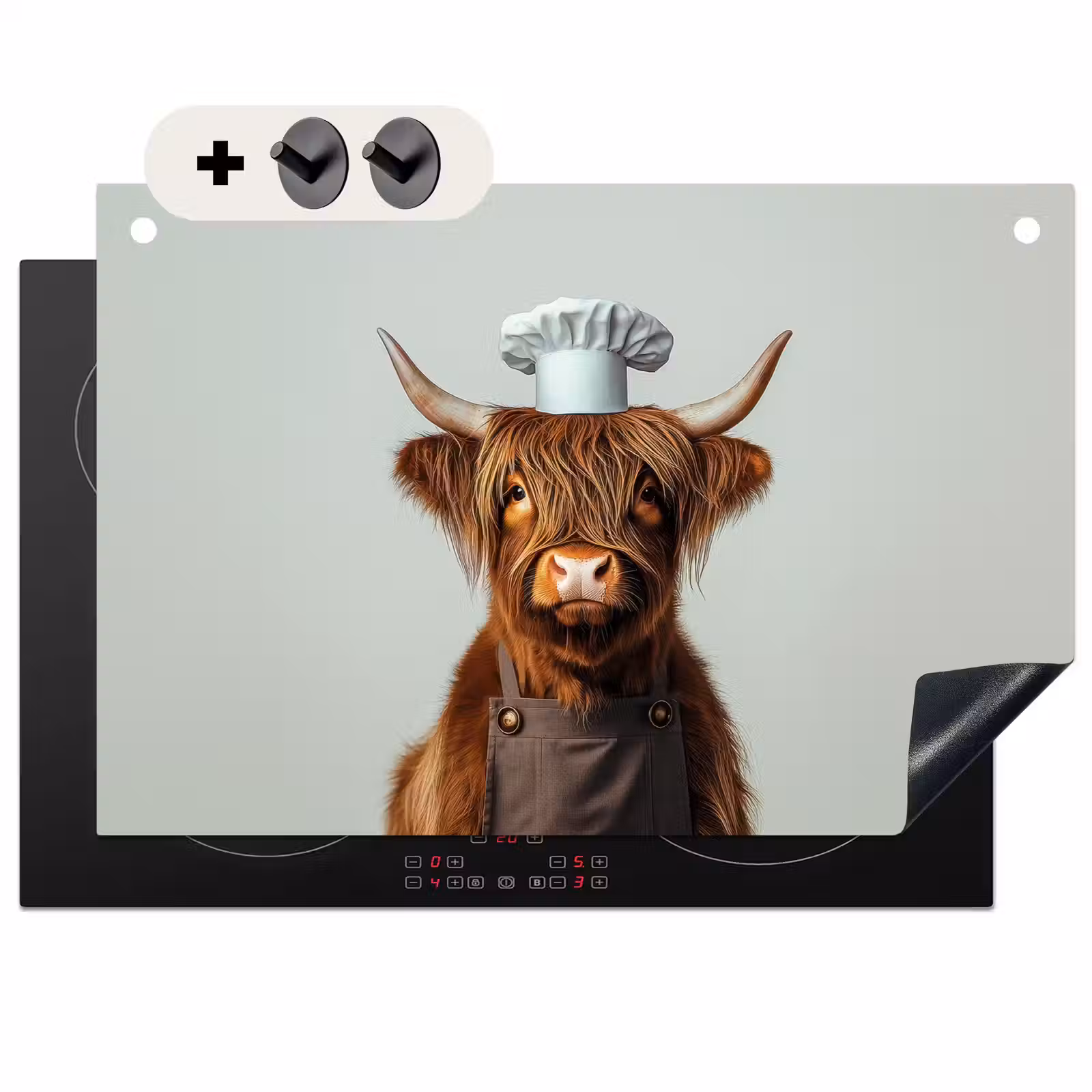 Inductie beschermer en spatscherm (2in1) - Schotse Hooglander - Bruin - Hoorns - Kokskleding — 1