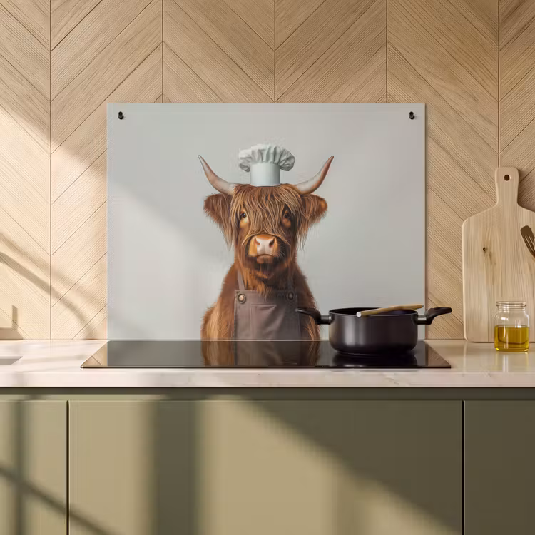 Inductie beschermer en spatscherm (2in1) - Schotse Hooglander - Bruin - Hoorns - Kokskleding — 2