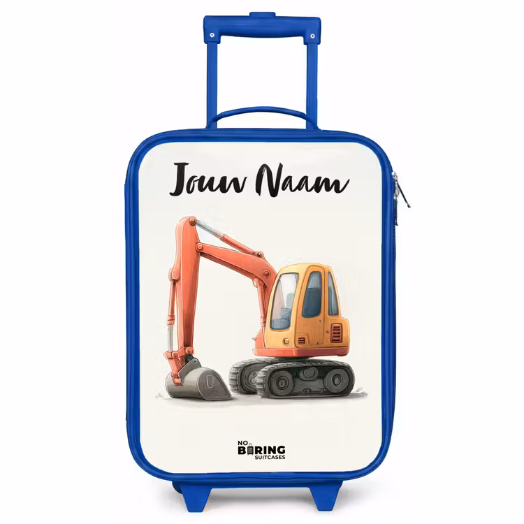Kinderkoffer met naam - Blauw - Graafmachine - Getekend - Oranje — 1