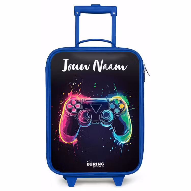 Kinderkoffer met naam - Blauw - Neon - Controller - Verfspatten - Game — 1