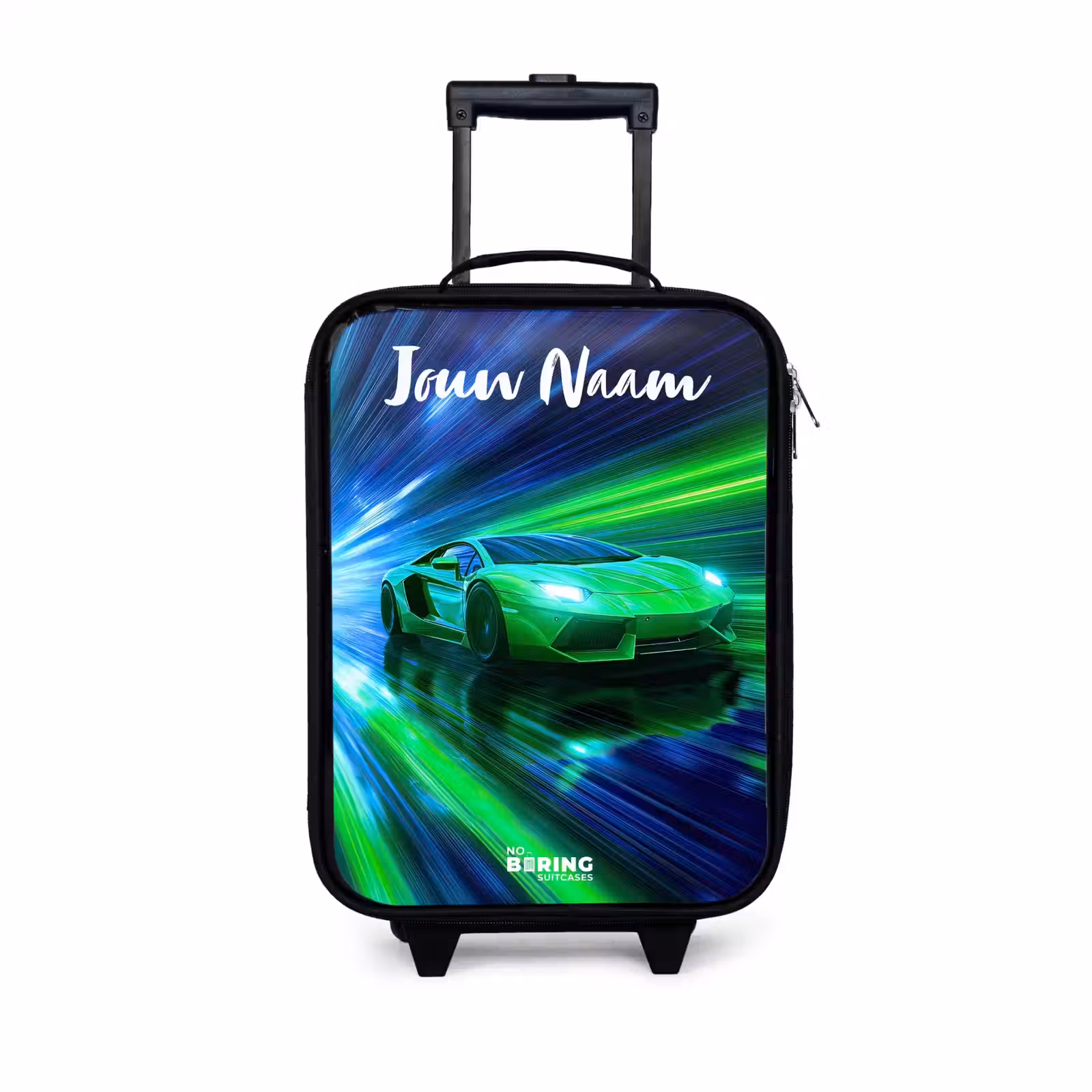 Kinderkoffer met naam - Sportauto - Groen - Snelheidslijnen - Neon — 1