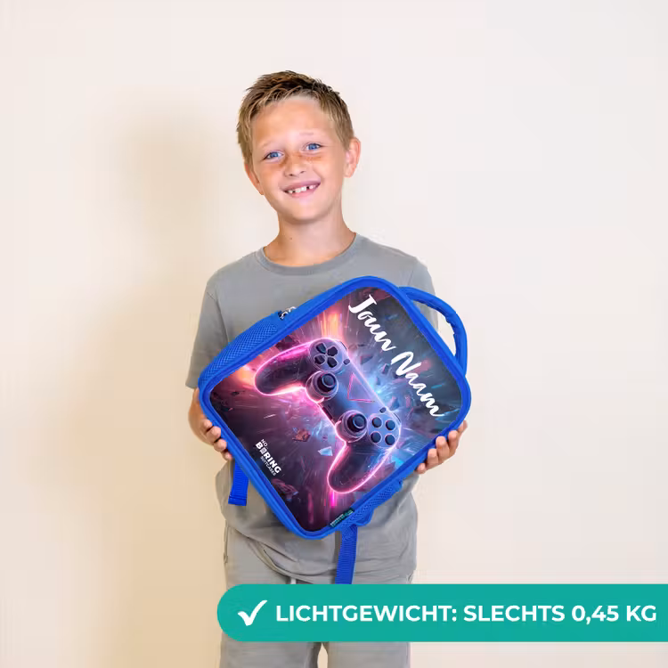 Kinderrugzak met naam - Blauw - Controller - Neon - Game — 2