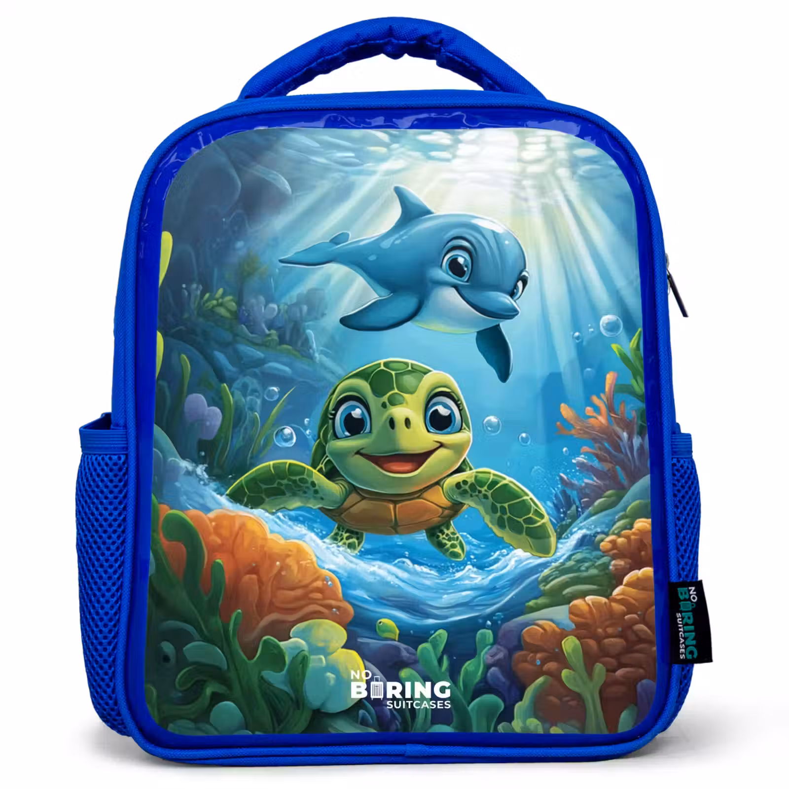 Kinderrugzak met naam - Zwart - Schildpad en dolfijn in blauwe oceaan — 1