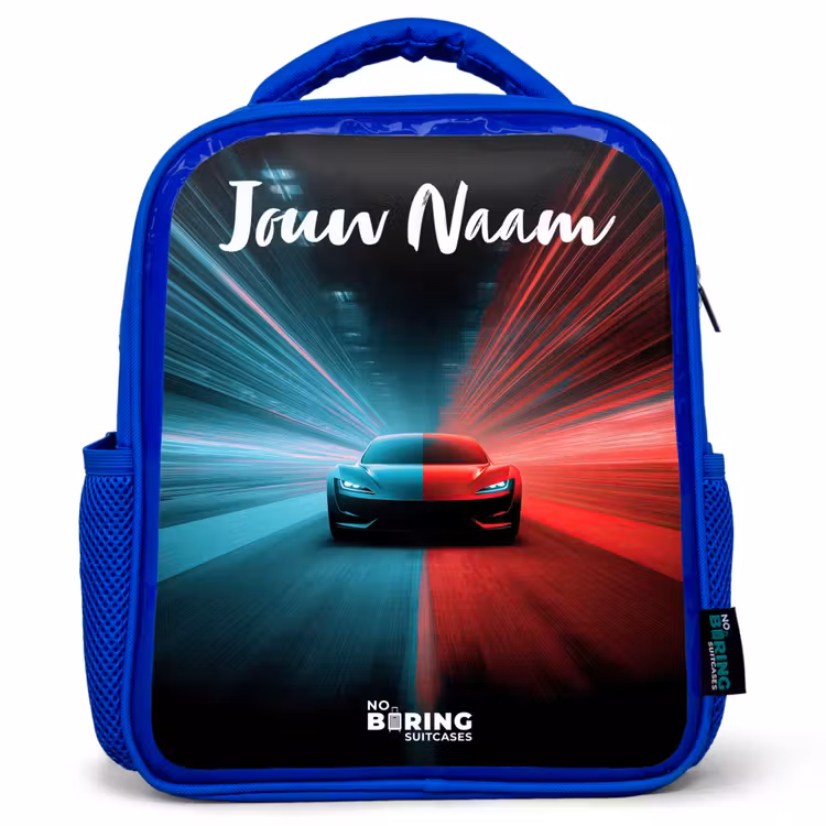 Kinderrugzak met naam - Blauw - Sportauto - Blauw - Neon - Stad — 1