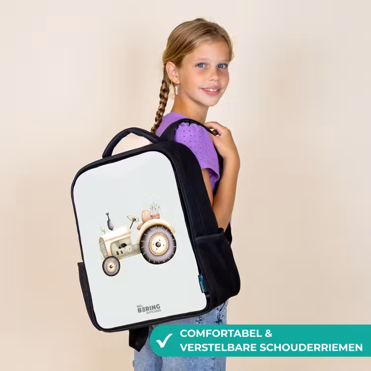 Kinderrugzak met naam - Zwart - Beige vintage tractor in pastel groene kleuren â 3