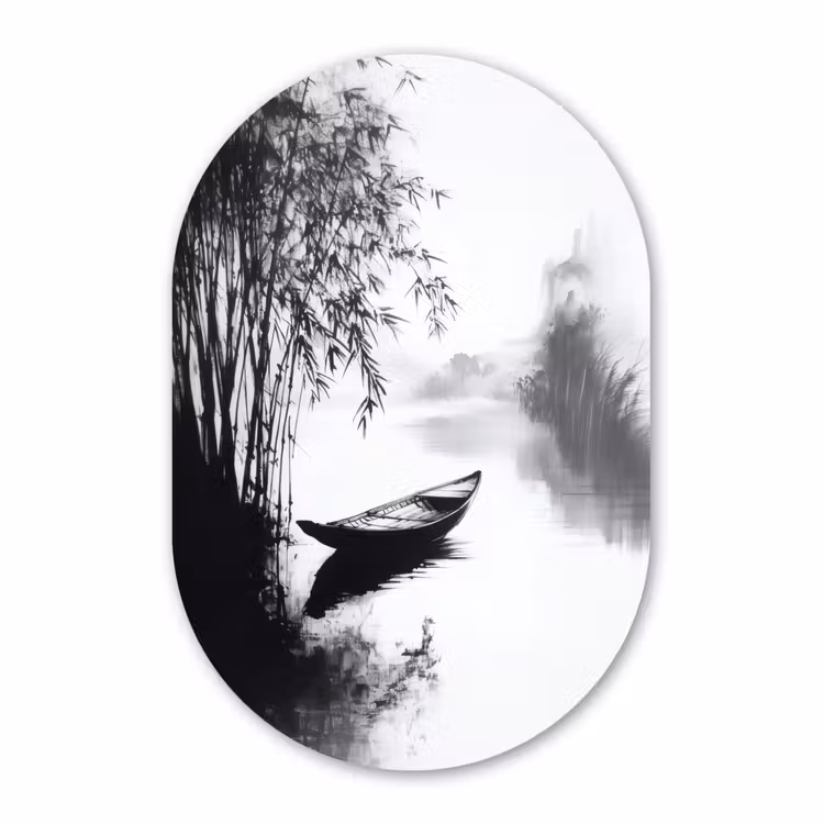 Muurovaal - Glas - Boot - Rivier - Bamboe - Wit — 1