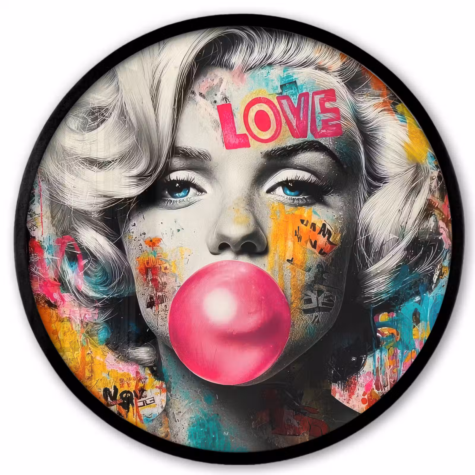 Ronde fotolijst - Vrouw - Kauwgom - Graffiti - Neonkleuren — 1