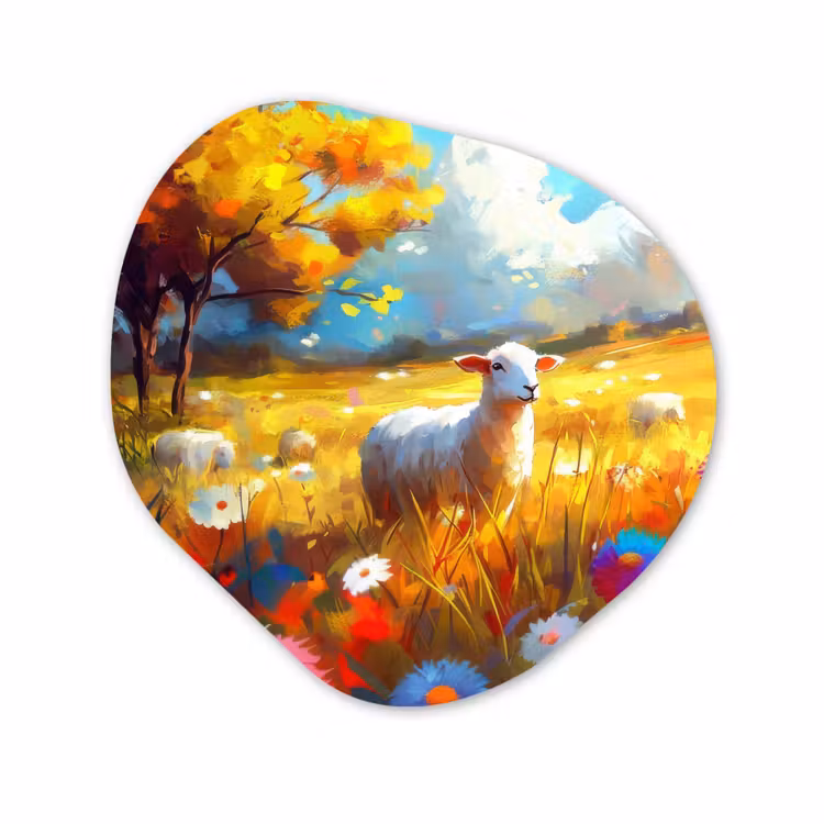 Organisch schilderij - Forex - Schaap - Weide - Bloemen — 1