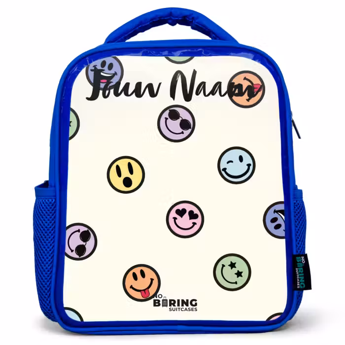 Kinderrugzak met naam - Blauw - Speelse smiley-mix