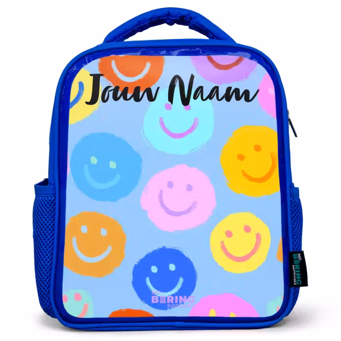 Kinderrugzak met naam - Blauw - Vrolijk patroon van smileys