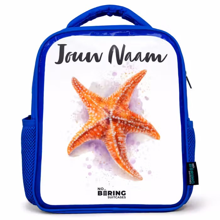 Kinderrugzak met naam - Blauw - Oranje Zeester Illustratie