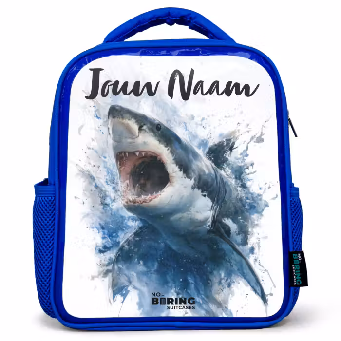 Kinderrugzak met naam - Blauw - Aanvallende haai in waterverf