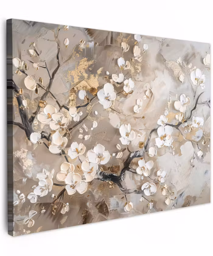 Canvas schilderij - Bloemen - Wit - Goud - Beige  - Luxe