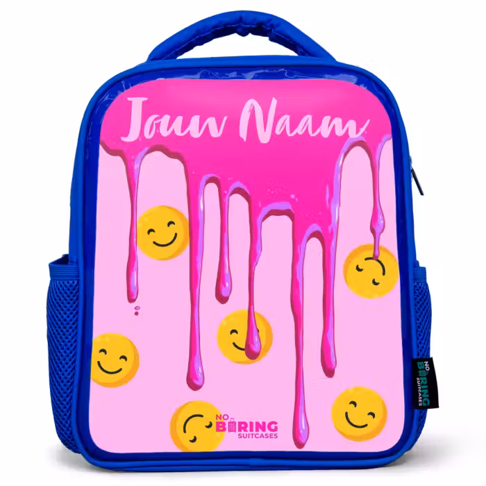 Kinderrugzak met naam - Blauw - Verf - Smiley - Roze