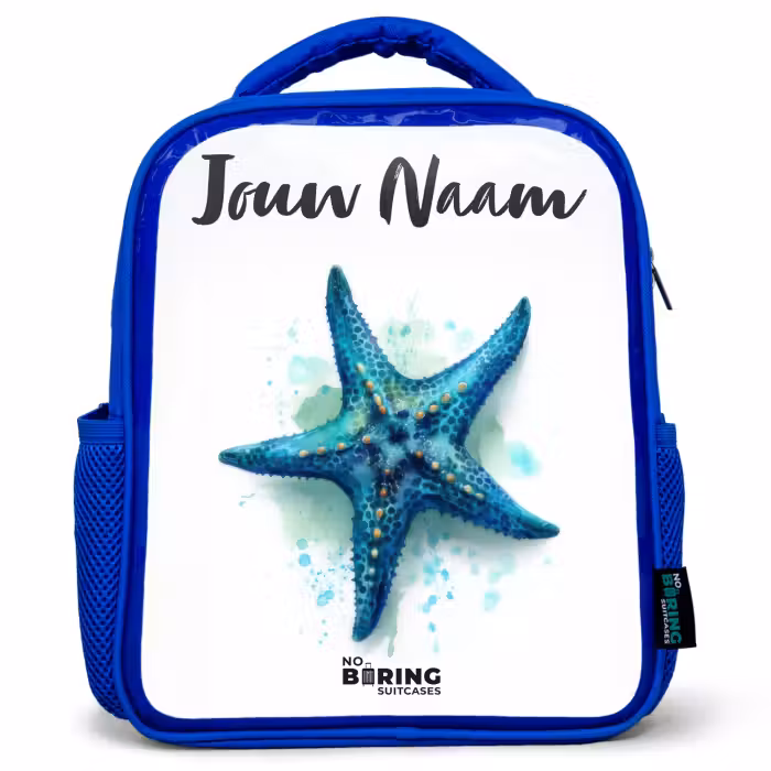 Kinderrugzak met naam - Blauw - Blauwe Zeester op Witte Achtergrond